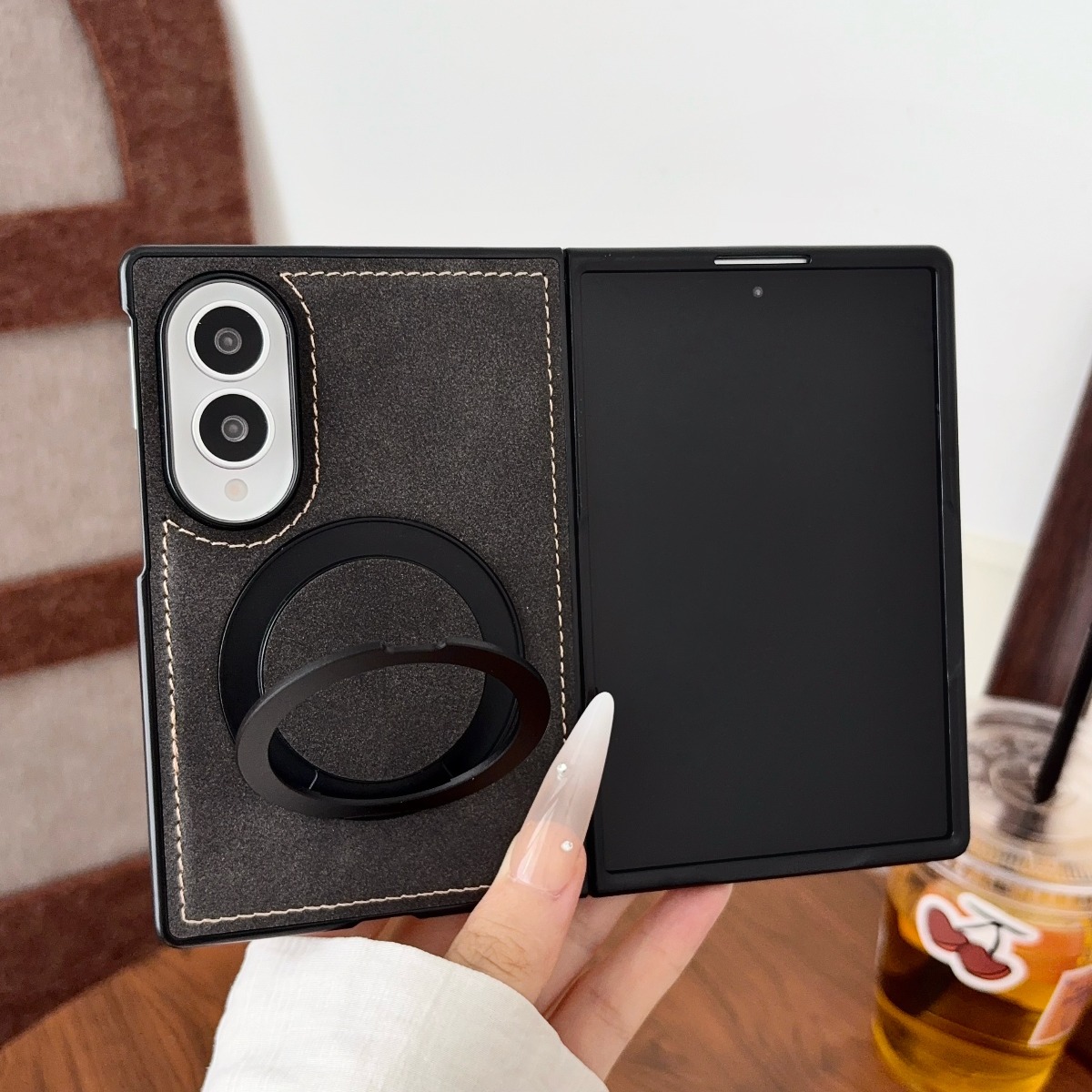 Magnetic Charging Stand - Luxe schapenvacht lederen telefoonhoesje voor Samsung
